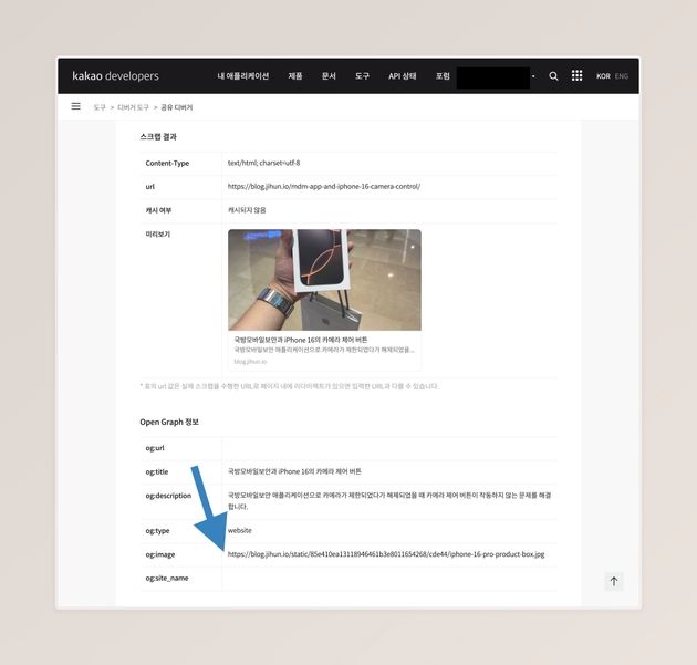 카카오 공유 디버거의 스크랩 결과. Open Graph 이미지가 정상적으로 파싱된 결과를 볼 수 있다.