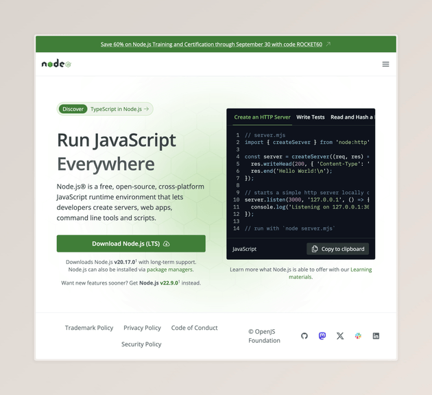 Node.js 공식 홈페이지 캡처 화면